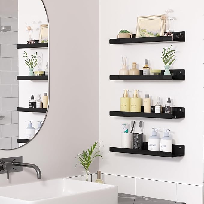 upsimples Acrylic Shelves for Wall Decor, 15" Display Shelf Perfume Organizer for Bathroom, Bedroom, Living Room, Floating Bookshelves for Kids, Black, 4 Pack
