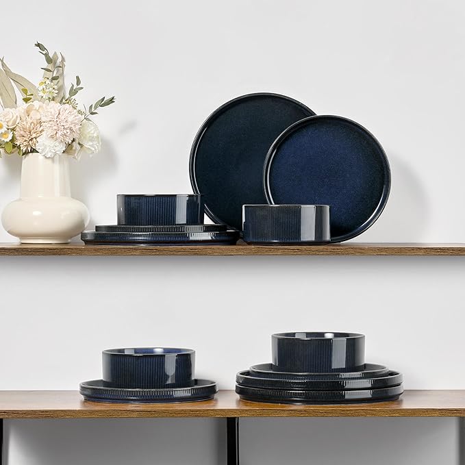 E-far Stoneware Dinnerware Sets, 18-Pieces Plates and Bowls Sets, Chip & Scratch Resistant Ribbed Dishes Set for 6, Modern Kitchen Dinning Porcelain, Dishwasher & Microwave Safe, Midnight Blue