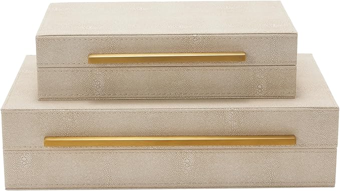 Sagala Set of 2 Ivory Shagreen Decorative Boxes With Brushed Gold Metal Handles, Faux Leather Jewelry Boxes Modern Storages Photo Memory Boxes Home Organizer Boxes (Ivory-Gold, 2pack)
