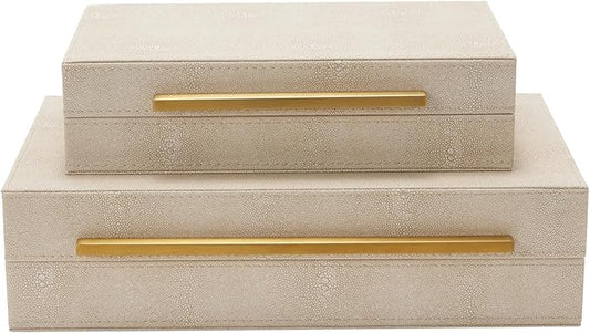 Sagala Set of 2 Ivory Shagreen Decorative Boxes With Brushed Gold Metal Handles, Faux Leather Jewelry Boxes Modern Storages Photo Memory Boxes Home Organizer Boxes (Ivory-Gold, 2pack)
