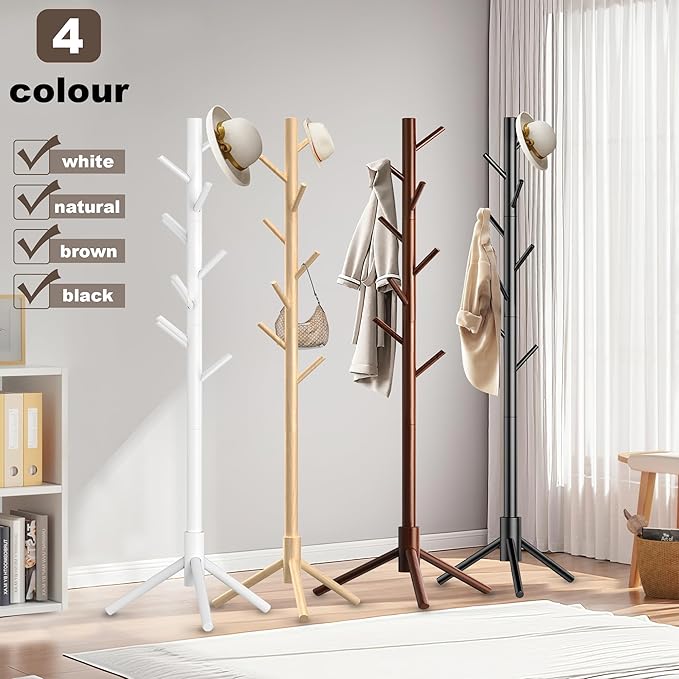 Aliphon Wooden Coat Rack Stand, Freestanding Coat Rack with 8 Hooks, 3 Adjustable Size Coat Tree for Hats, Coats, Scarves bags, Coat Hanger Stand Used in Bedroom/Office/Entryway (Black)
