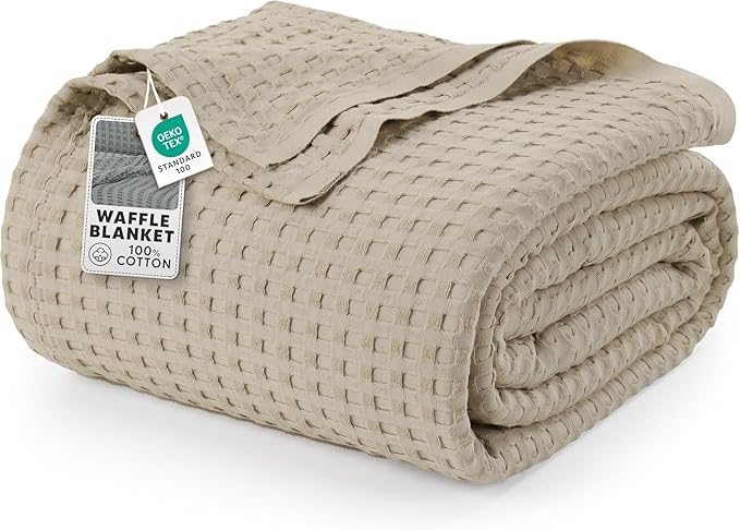 Utopia Bedding 100% Cotton Waffle Weave Blanket Big Size for Bed - Lightweight, Breathable Summer Blankets Soft and Cozy, Gift for Mother’s Day Home Decor (Khaki, 120x120 Inch)