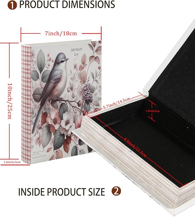 Decorative Wooden Book Box - Vintage Faux Book Boxes for Home Decor, Secret Storage with Magnetic Closure, Antique Style, Bird Pattern Leather Cover, Perfect for Home Office Bookshelf 10x7x1.6 Inches
