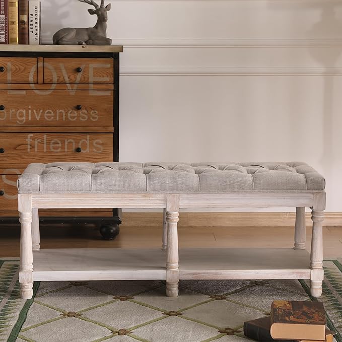 Farmhouse Storage Bench Wooden Entryway Upholstered Tufted Ottoman Bench for Bedroom End of Bed Hallway Organizer, Beige