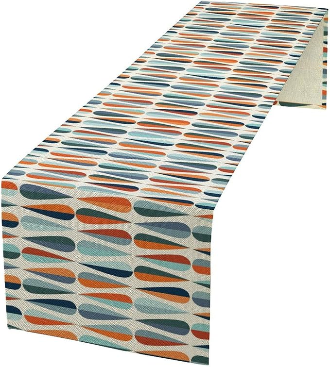 Modern Mid Century Table Runne Retro Blue Orange Grey Water Droplets Geometric Table Runner for Kitchen Dining Room Dining Table Decoration 13x90in