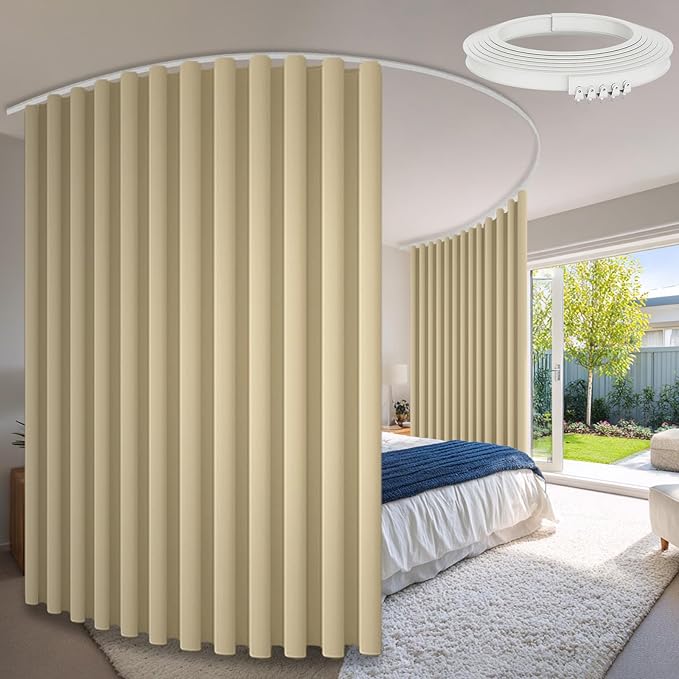 Room Divider Curtains & Flexible Bendable Tracks Set,Privacy Dividers Ceiling Track Curtain Window Blackout Curtains for Living Room Bedroom (W100 × H84 in 2 Panels Beige Drape & White Rail)