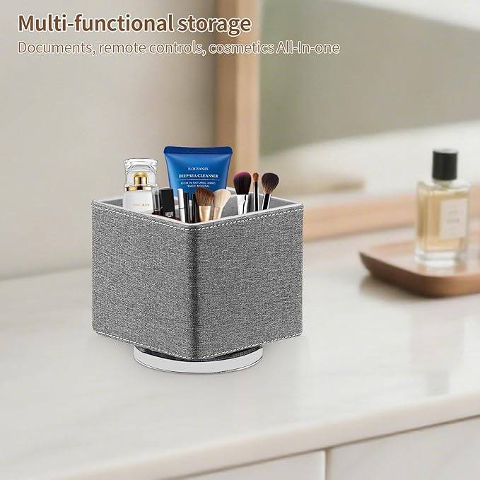 YAPISHI Remote Control Holder, 360° Swivel TV Remote Holder for Table, PU Leather Remotes Caddy, Nightstand Organizer for Media Controllers/Makeup/Office Supplies, Bedside Decorations for Living Room