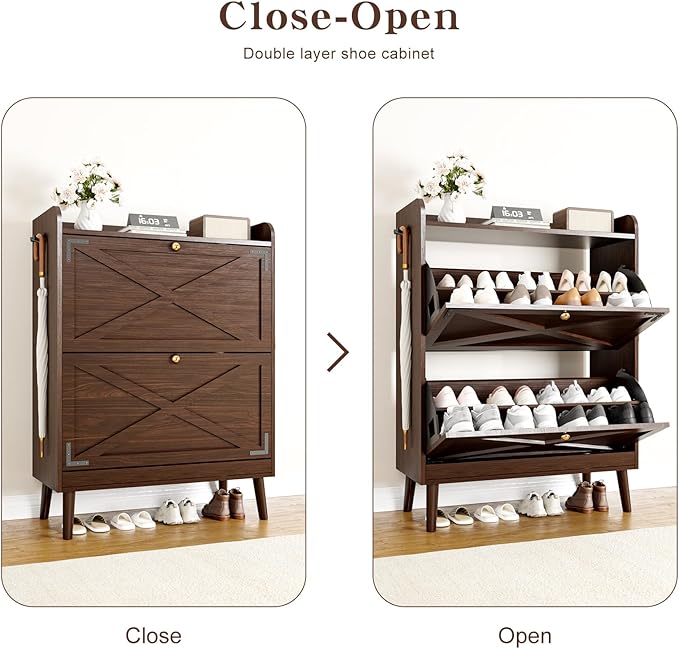 Shoe Storage Cabinet with 2 Flip Drawers & Adjustable Shelves, Freestanding Shoe Cabinet with Side Hooks Narrow Shoe Rack Cabinet for Entryway, Hallway, Rustic Brown