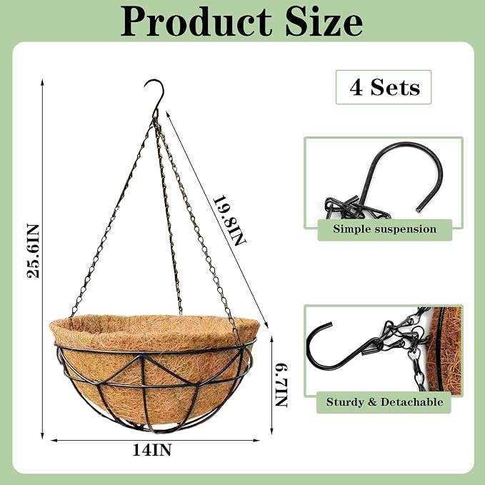 4 Pack 14 Inch Black Metal Hanging Planter Baskets with Coco Coir Liner Sturdy Hanging Flower Basket for Outdoor Indoor Garden Porch Patio Balcony Decor (Geometric)