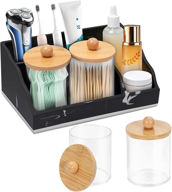 Bathroom Counter Organizer, Black Marble Toothbrush Holders for Bathrooms with 2PCS Qtip Holder, Bathroom Organizer Countertop Toothbrush and Toothpaste Holder for Makeup Organizer for Vanity