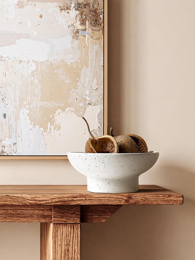 LE TAUCI 10" Ceramic Decorative Bowl, Key Bowl for Entryway, Handcrafted Sturdy Pedestal Bowl, Modern Farmhouse Fruit Bowl for Kitchen Counter, Centerpiece, Speckled White