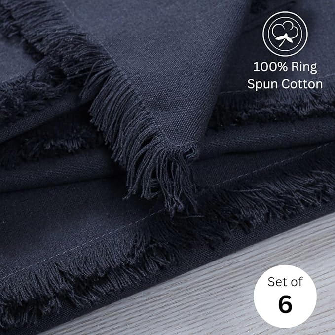 Cloth Dinner Napkins Fringes 20x20 Inch 100% Cotton Set of 6 - for Dining Special Occasions Wedding Holidays Easter - Soft Durable Washable - Elegant Table Cloth Napkins Charcoal Grey