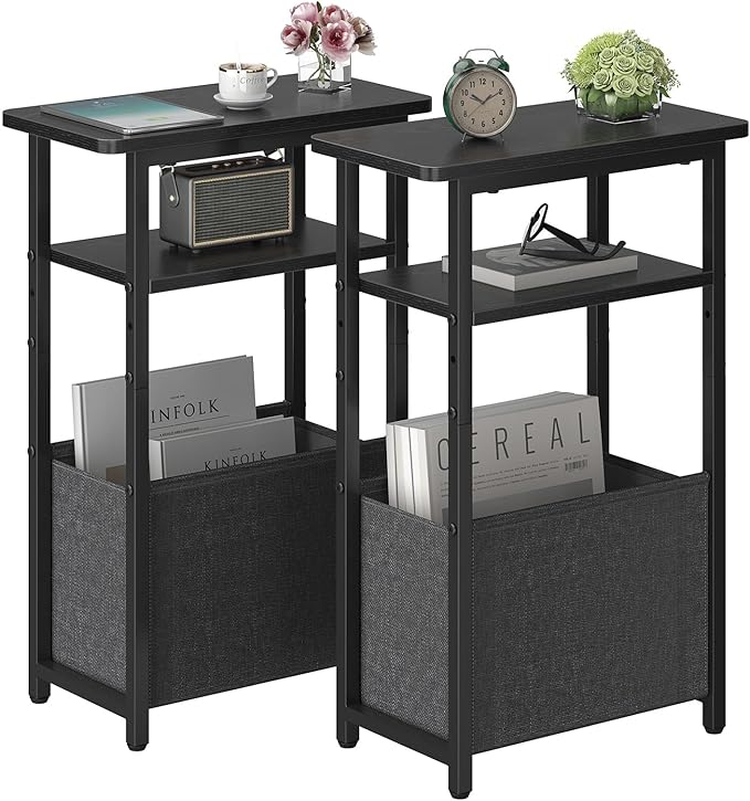 sthmec Narrow Side Table Set of 2, Skinny End Tables with Fabric Basket, Small Side Tables for Small Space,2-Tier Open Shelves with Basket, Slim Nightstands Set 2 for Bedroom,Livinroom,Office, Black