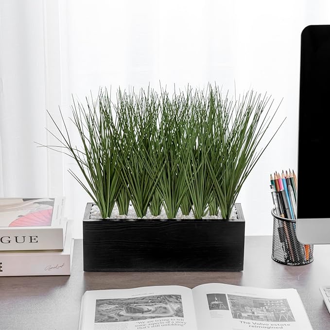 MyGift 12 Inch Desktop Artificial Green Grass Plants Faux Greenery Centerpiece with Rustic Black Solid Wood Planter Box