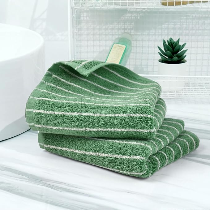 Jacquotha Hand Towels for Bathroom Green Striped - 2-Piece Premium Quick Drying Towels for Kitchen Spa Workout, Stylish Compact for Hand Face Hair, 14” x 29”