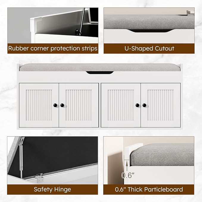 47.2" Storage Bench - Entryway Shoe Bench with 4 Doors and Top Storage Area, Multifunctional Entryway Bench with Lift Top Cushion, Shoe Storage Bench for Bedroom, Living Room, White