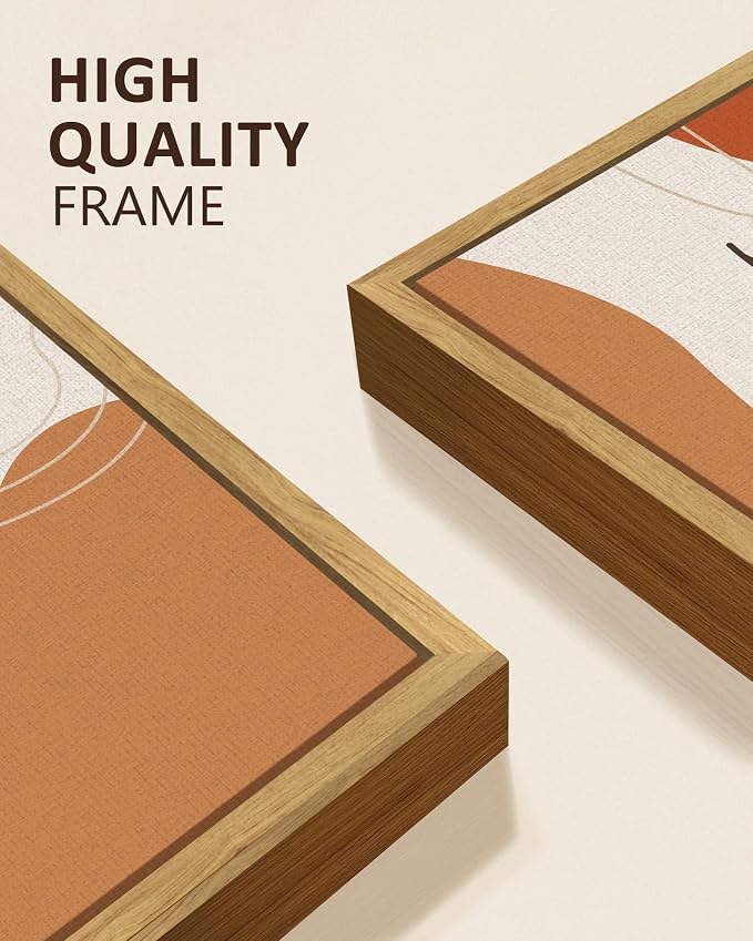 KUVIOKE Boho Wall Art Framed Canvas Botanical Mid Century Modern Wall Printing Orange Neutral Abstract Geometric Prints Bohemain Sage Decor for Farmhouse Living Dining Room 12x16in (Natural Framed)