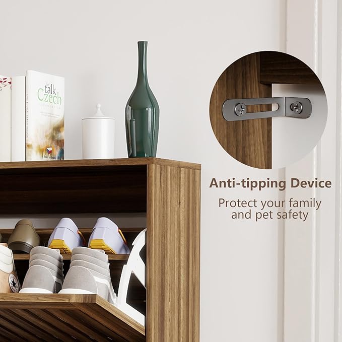 Spaco Walnut Shoe Cabinet for Entryway,Narrow Shoe Storage Cabinet with 2 Flip Drawer and Solid Wood Leg,Freestanding Slim Shoe Organizer for Entryway, Hallway