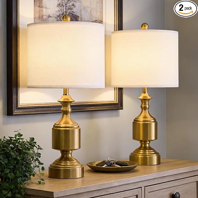 BOBOMOMO Gold Table Lamps Set of 2-20.5" Modern Metal Bedside Lamps for Nightstand, Mid-Century Night Stand Lamps with Linen Shade, Small Lamps for Bedroom Side Table & Home Office