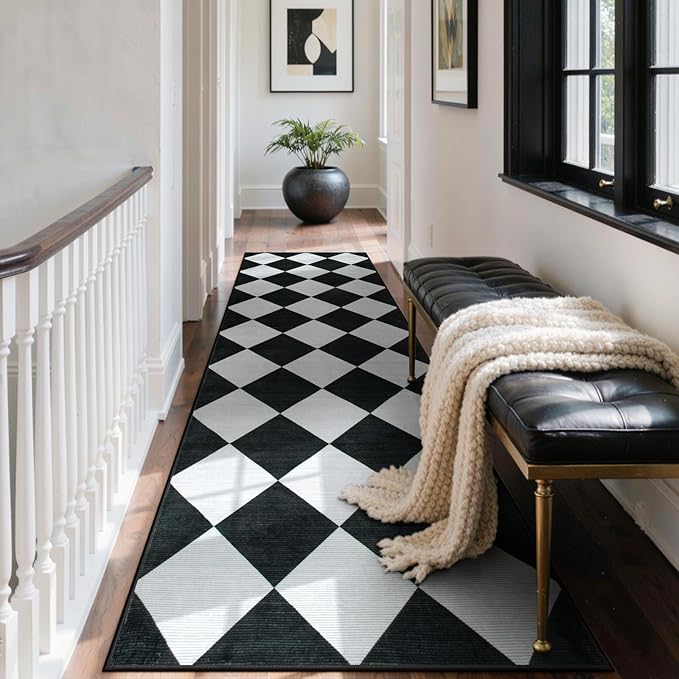 Beeiva Checkered Print Runners for Hallways 2.5x8, Ultra Thin Black Kitchen Runners Non Skid Washable 8 ft, Modern Diamond Stain Resistant Low Pile Carpet for Bathroom Entryway Bedroom Laundry