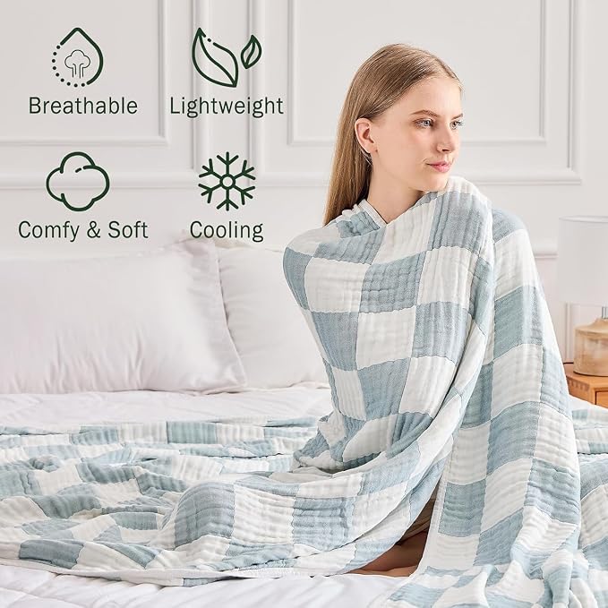 EMME Cooling Muslin Twin Blanket - Checkered Lightweight Summer Cotton Blankets of Rayon Derived from Bamboo for Hot Sleepers, Ultra Soft Breathable All Season Gauze