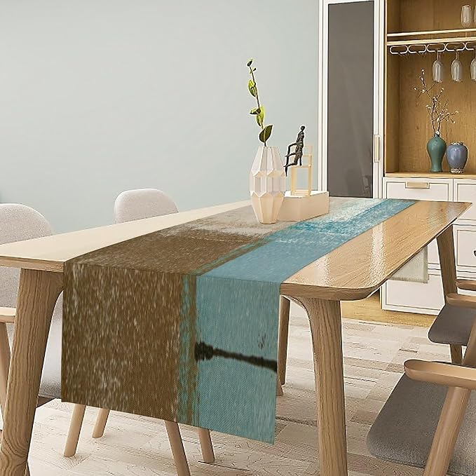 Beige Blue Abstract Art Contemporary Table Runner,Modern Neutral Decorative Pattern Table Runner for Coffee Table Dining Room Table Bedroom Party Holiday Decor 13x72inch
