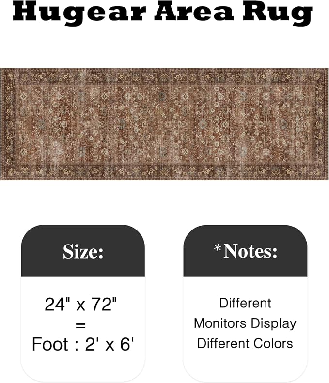 HUGEAR 2x6 Runner Rug Machine Washable Brick Red Hallway Area Rugs Indoor Accent Rugs Floral Low Pile Carpet Distressed Throw Rug Bedroom Living Room Office Dining Kitchen Laundry Non Slip