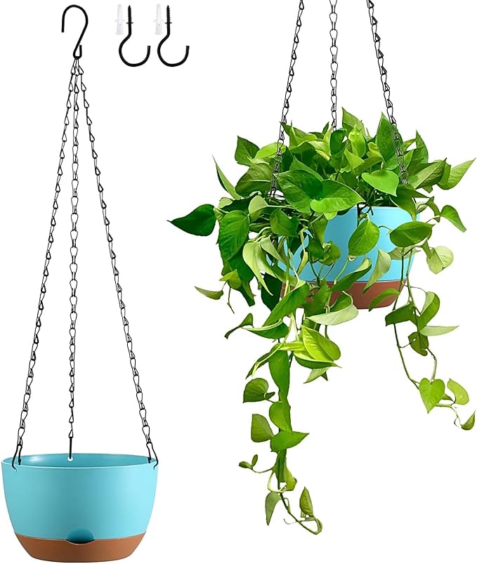 Set of 2 Hanging Planters for Indoor Outdoor Plants, 8 Inch Self-Watering Hanging Flower Pots with Drainage Hole & Removable Water-Storage Tray (Hooks)