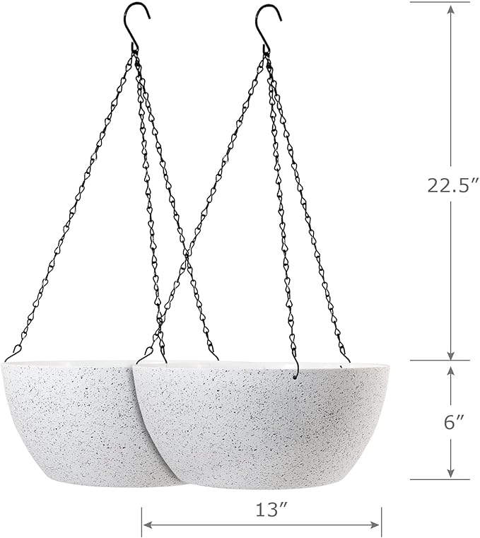 WSMKSZ 13 inch Large Hanging Planters Plant Pots for Outdoor Indoor Plants with Drainage Holes and Chain, 2 Pack Round Hanging Flower Pots for Garden Home Porch Decor, Speckled White
