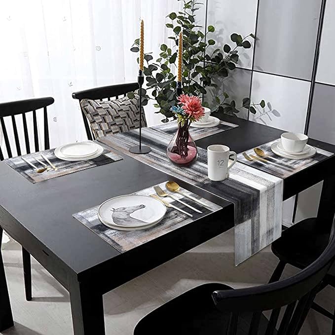 Black and Grey Modern Table Runner and Place Mats Set of 6 Abstract Black and White Gray Pink Linen Dining Mat Sets Washable Ivory Tabletop for Home Table Decorations 70 Inches Long