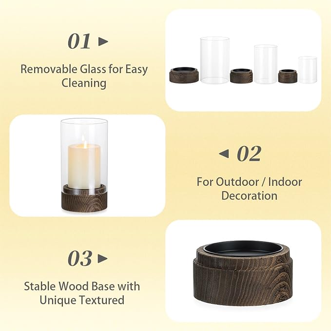 Hewory Hurricane Glass Candle Holder : Set of 3 Rustic Brown Candle Holders for Pillar Candles, Vintage Decorative Wood Stand with Clear Glass for Weddings,Christmas,Table Centerpiece,Home Decor