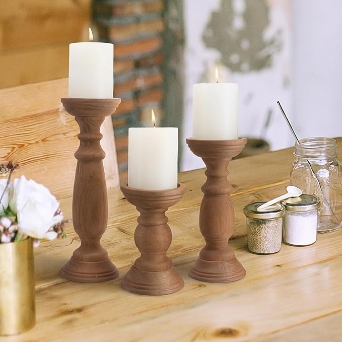 Rustic Wooden Pillar Candle Holders Set of 3, 12'' 9'' 6'' Farmhouse Wood Candle Stand for Table Centerpieces, Vintage Tall Candleholders Fireplace Mantel Decor for Living Room, Brown