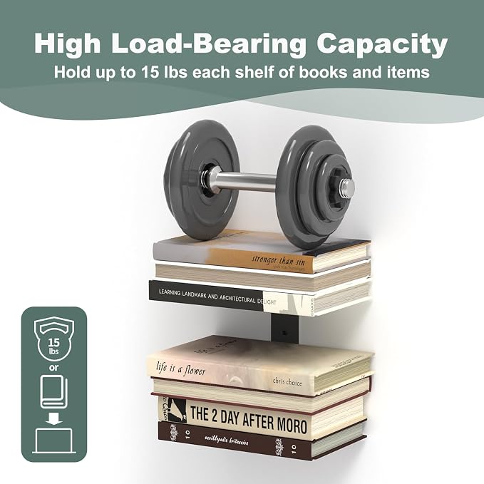 Mefirt Invisible Floating Bookshelves for Wall, 8 Tier Vertical Spine Book Tower, Heavy Duty Floating Book Shelves Metal Book Organizers for Home Office, 4 Pack(Black)