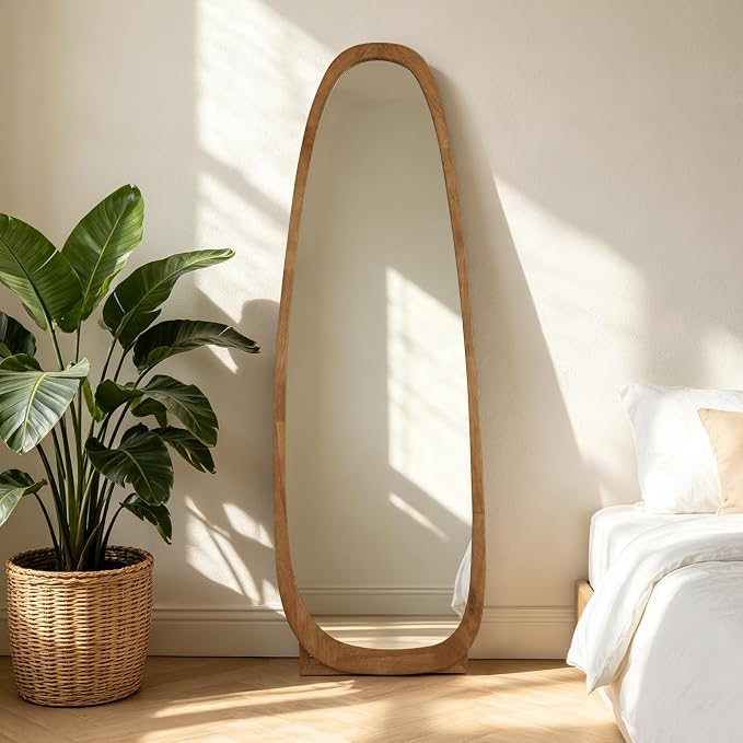 WallBeyond 22x65 Inch Irregular Pebble Full Length Mirror with Stand, Tempered Glass Floor Mirror with Wooden Frame,for Bedroom, Living Room, Cloakroom(Walnut)