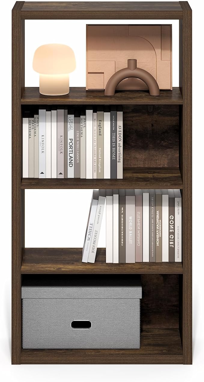 Furinno Viola Book Shelf, 4-Tier Bookshelf, Extra Thick Frame Bookcase with Open Shelf, Open Back Design, 11.3" x 23.2" x 45.4", for Living Room, Bedroom, Home Office, Amber Pine