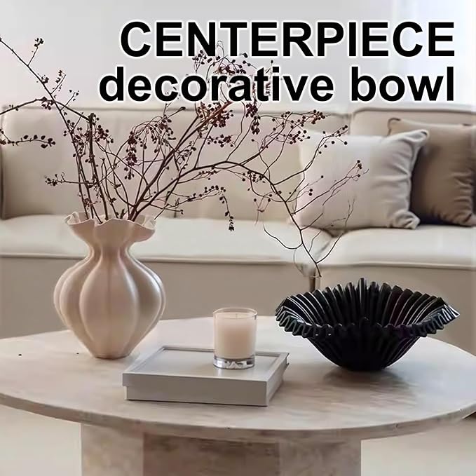 LALASTAR Large Decorative Bowl, Fruit Bowl for Kitchen Counter, Modern Home Decor, Key Bowl for Entry Table, Coffee Table Decor, Minimalist Ruffle Centerpiece Decor, 10", Black
