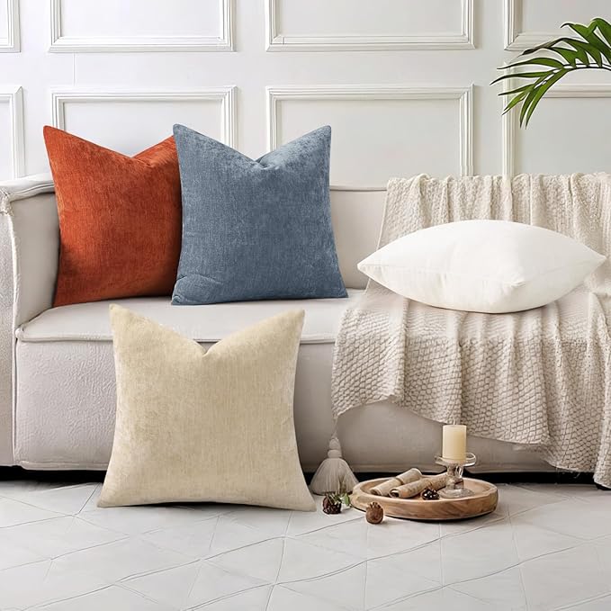 decorUhome Chenille Haze Blue Throw Pillow Covers 24x24 Inch Set of 2, Decorative Soft Couch Pillow Covers Solid Dyed Accent Velvet Farmhouse Neutral Square Pillow Cases for Sofa Bed Living Room