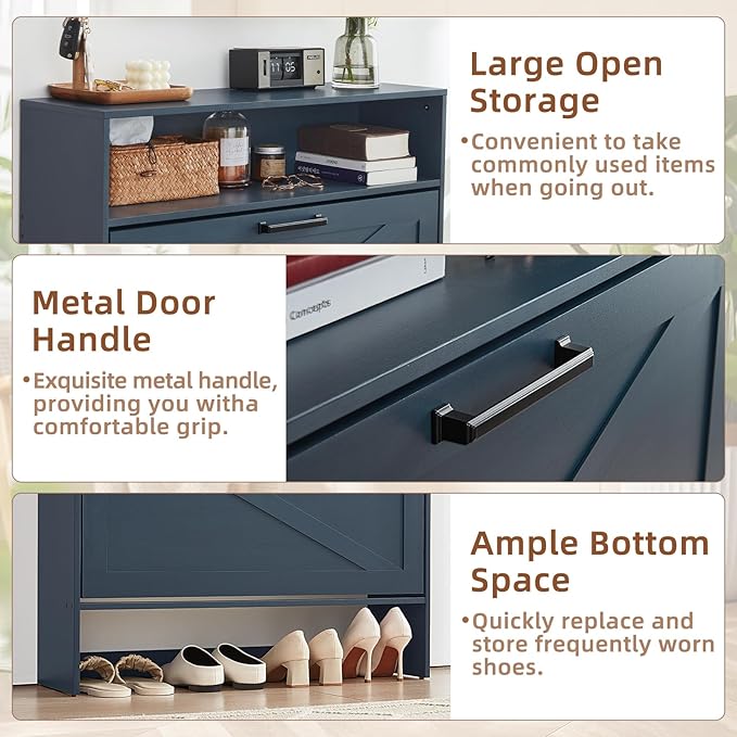 RWYHG Shoe Cabinet Storage for Entryway with 2 Flip Drawers Open Storage Layer Rack Narrow Organizer Slim Hidden Wood Shoe Cabinet Furniture Blue