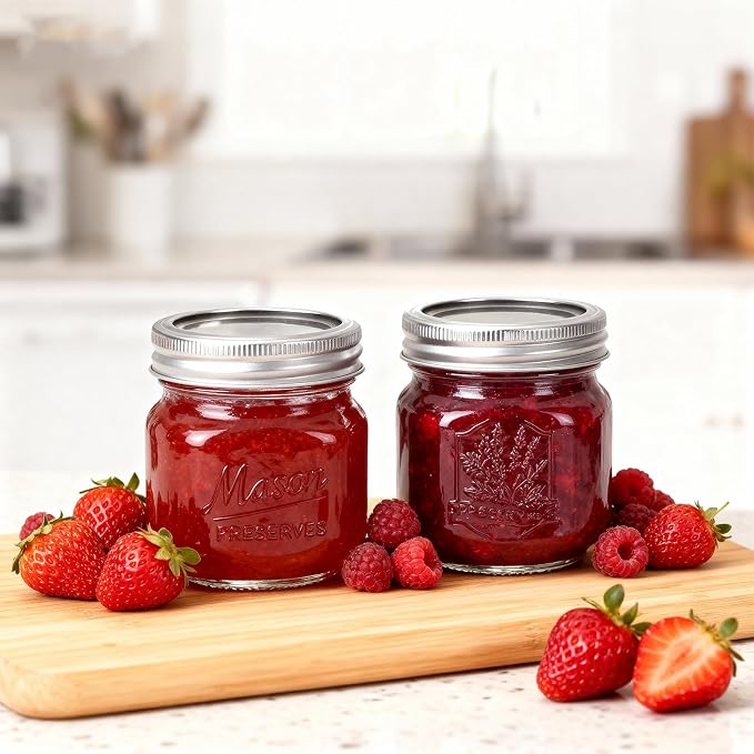CycleMore Mason Jars 8 oz, 24 Pack Embossed Design Glass Canning Jars with Silver Metal Lids, Half Pint Glass Jars Ideal for Gifts, Jam, Honey, Wedding Favors, Shower Favors