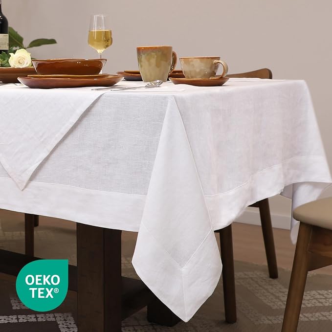 Linen Tablecloth for Rectangle Table with 4PCS Linen Napkins 100% Pure Linen Natural Dining Table Cloth Fall Halloween Thanksgiving Christmas Holiday Decor(White, 60" x 84")