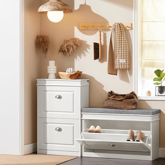SoBuy Small Shoe Storage Bench, Narrow Shoe Cabinet for Entryway, Shoe Rack with Cushion&2 Tiers Flip-Drawer, Closet Hallway Mudroom White FSR82-L-W