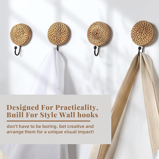 Colingmill 4 Pcs Boho Rattan Wall Towel Hooks Decorative Woven Hanging Holder Farmhouse Coat Rack Hooks Wood Coat Rack Wall Mount Vintage Decorative Hook for Hanging Coats(Round)