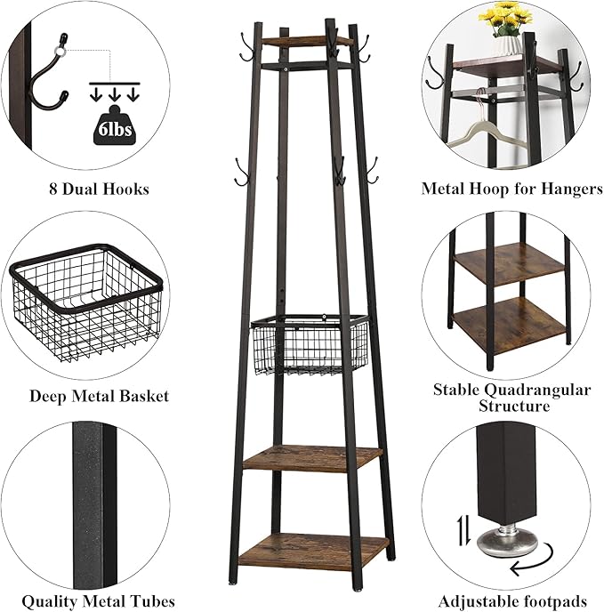 VECELO Industrial Coat Rack,Enterway Clothes Stand with 2 Tier Storage Shelves and Metal Basket,Upgrade Hall Trees with 8 Dual Hooks,Antique Brown