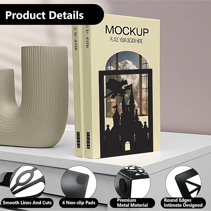 CRASPIRE 2Pcs Metal Bookends Stopper Heavy Duty Study Non-Skid Black Decorative Shelves Castle Dragon Organizer 7x4.7x3.5In Book Storage Holder Stand Book Ends Support Books for Home Office Room Desk