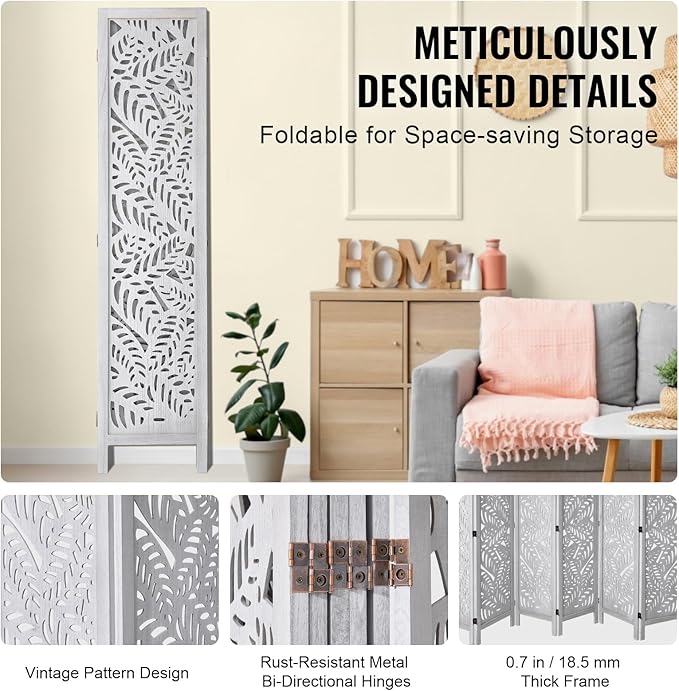 VEVOR Wood Room Divider, 6 Panel Wood Folding Privacy Screen, 66.9 Inches Tall Indoor Carved Partition Divider, Portable Decoration Screen, for Room Separation, Home, Office, Restaurant & Bedroom