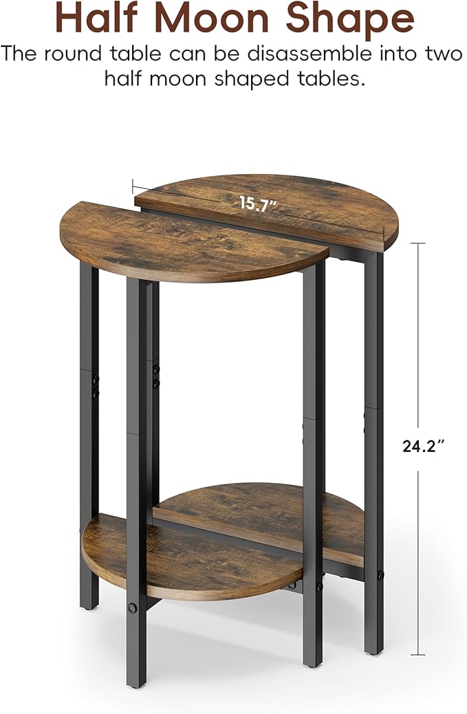 Vagusicc Side Table, Small Round End Table, Set of 2 Half Round Side Table for Living Room, 2 Tier Small Couch Side Tables, Round Coffee Table, Thin Accent Sofa Table Narrow Entryway Table, Brown