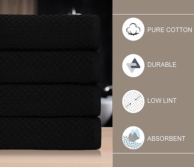 COTTON CRAFT Waffle Bath Towel - Set of 4 Luxury Euro Spa Waffle Weave Towels - 100% Ringspun Cotton Bath Towel - Super Absorbent Quick Dry Bath Towel Set - Oversized 30 inches x 56 inches - Black