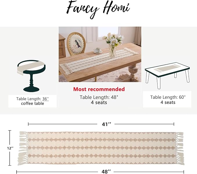 Fancy Homi Tan Boho Cotton Polyester Table Runner 48 Inches Long, Farmhouse Macrame Table Runners with Tassels for Home Party Bohemian Rustic Bridal Shower Kitchen Dining Decor 12x48 Inches