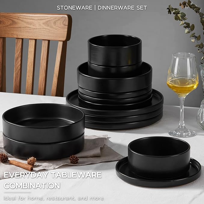 Onader 16 Piece Dinnerware Sets with Serving Bowls for 4, Stoneware Plates and Bowls Dish Sets, Ceramic Dinner Ware Dishware for Kitchen Dining, Chip & Scratch Resistant - Ebony Black