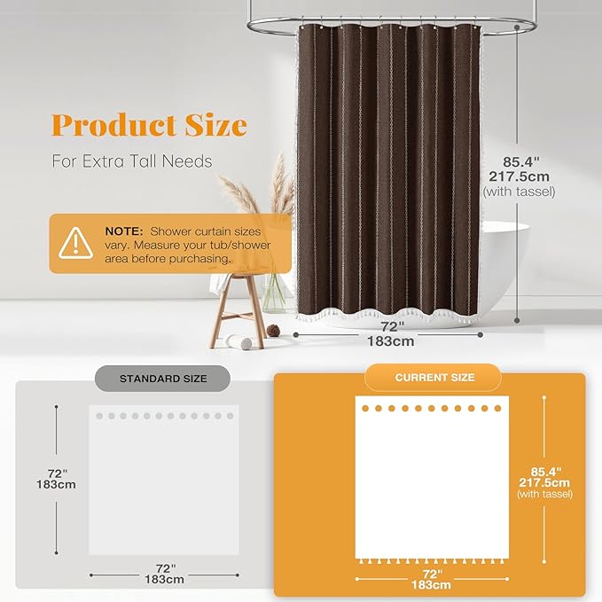 BTTN Boho Farmhouse Shower Curtain - Linen Rustic Heavy Duty Striped Fabric Shower Curtain Set, Bohemian Vintage Country Cloth Shower Curtains for Bathroom, Brown, 72" W x 84" L (Pack of 1)